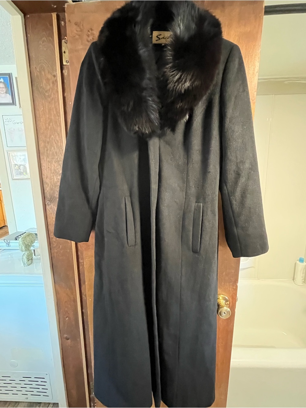 Sachi Black Long Wool Trench Coat with Black Fox Fur Collar